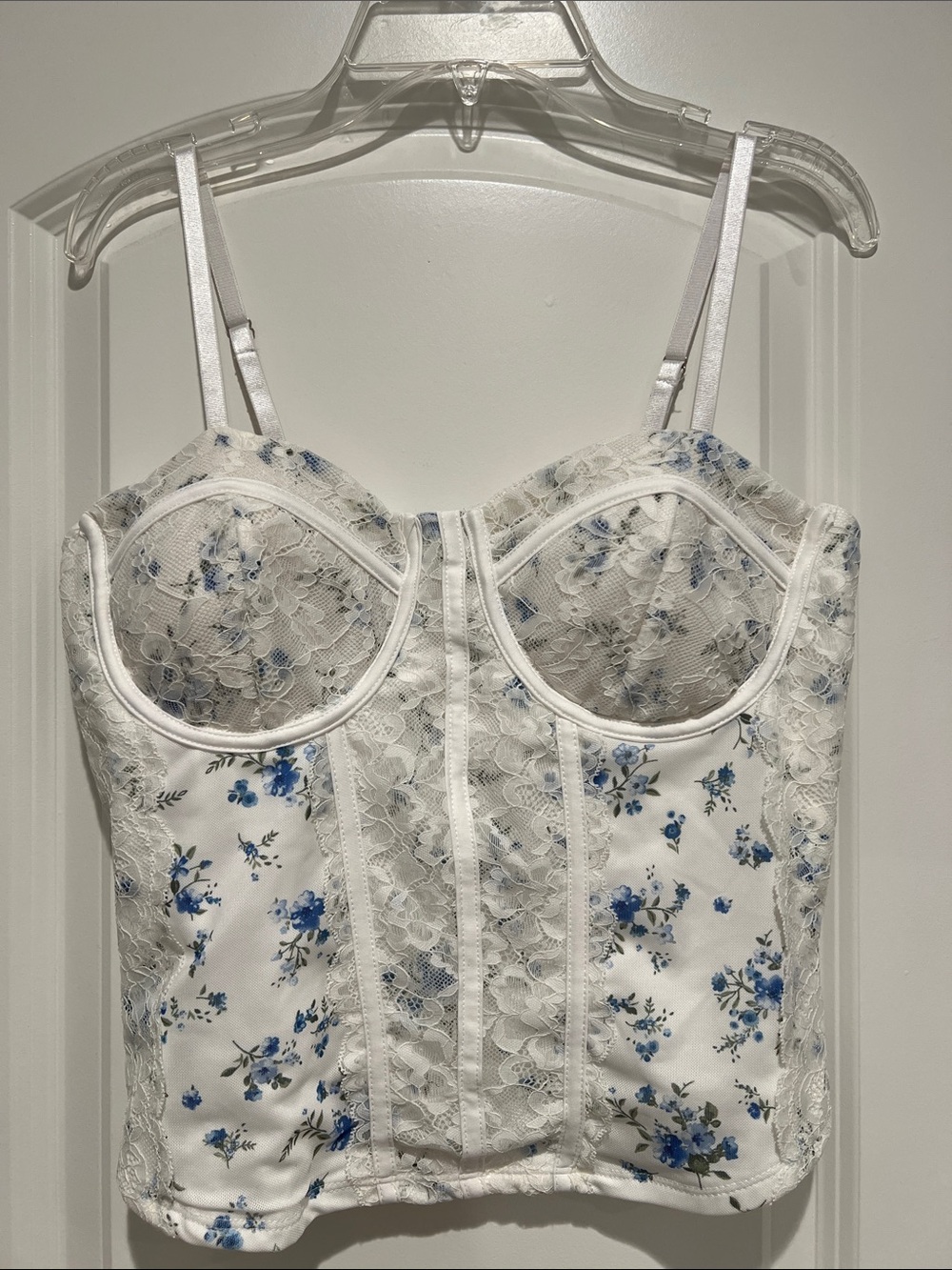 NWOT Madden Girl White Lace Bustier Top with Blue Floral Accents